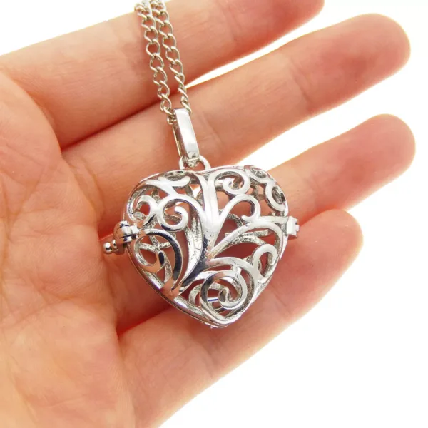 Silver-Plated Heart-Shaped Floral Cage Pendant Necklace