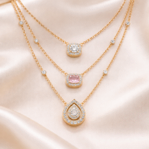 Rosé Noor Cascade necklace featuring Polki stones and diamond accents in gold-coated 925 silver